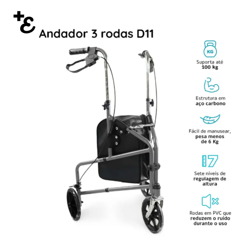 Andador 3 Rodas Dobrável Aço D11 Dellamed