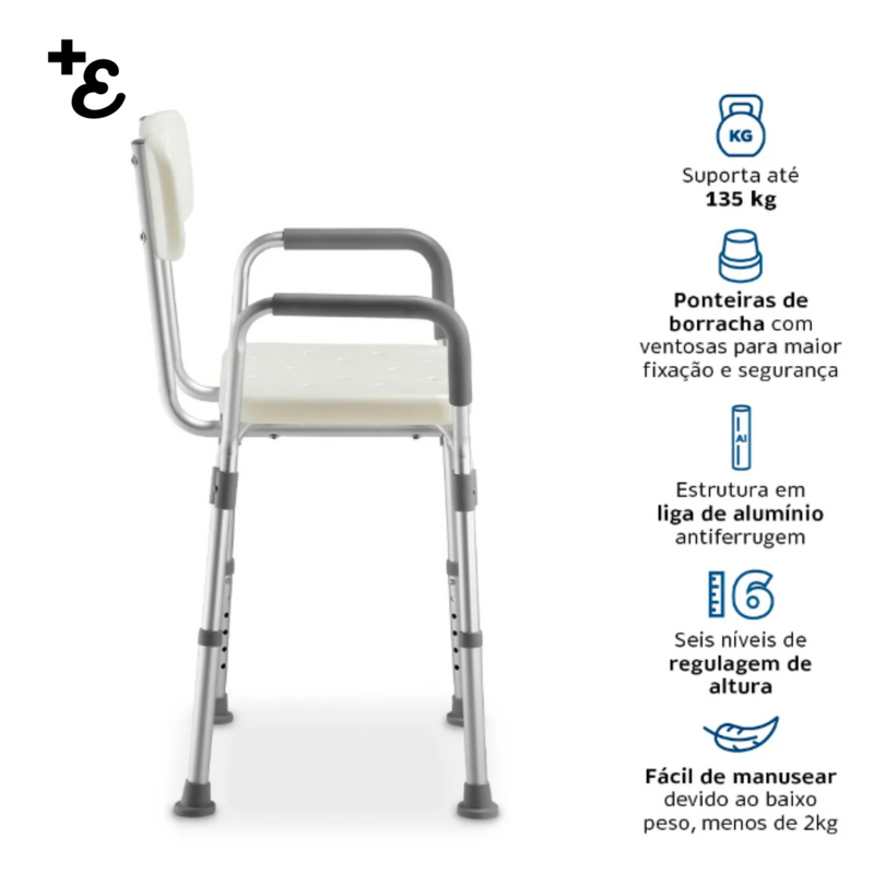 Banqueta de Banho com Encosto e Apoio de Braço até 135 Kg D3 Dellamed